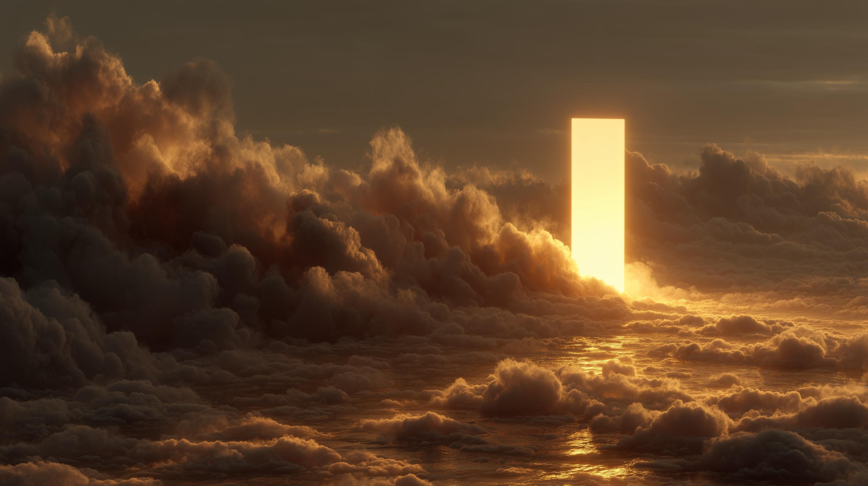 Glowing monolith portal rising from clouds
