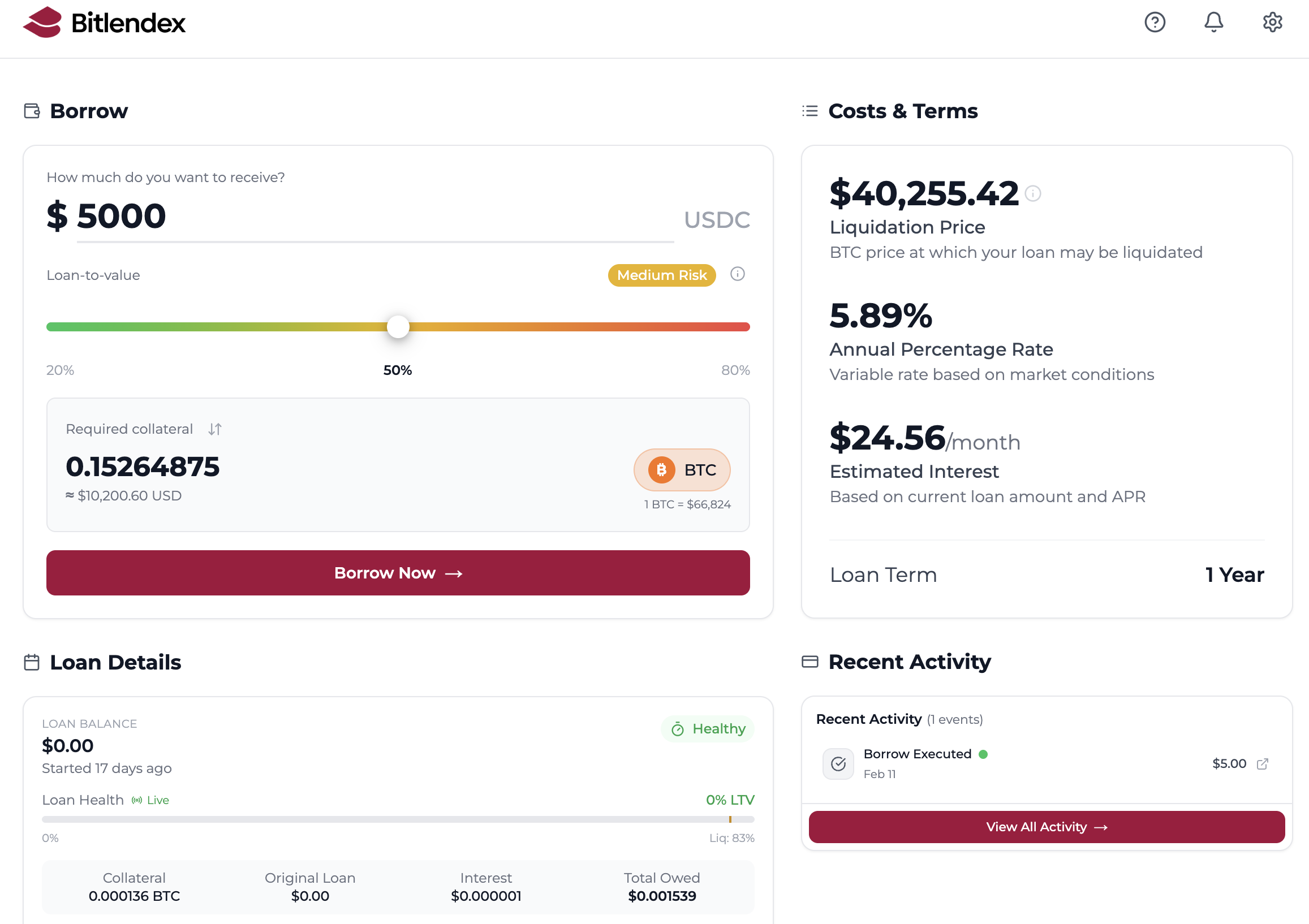 Bitlendex dashboard showing the borrow calculator, costs and terms, loan details, and recent activity panels